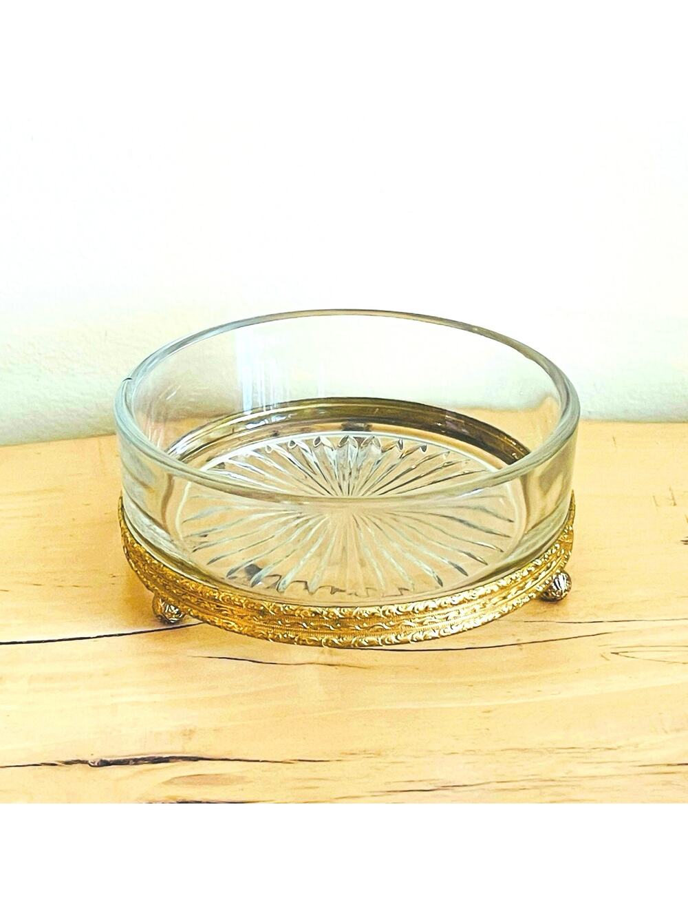 Vtg Footed Glass Filigree Vanity Powder Box Trinket Bowl Gold Mid-Century MCM